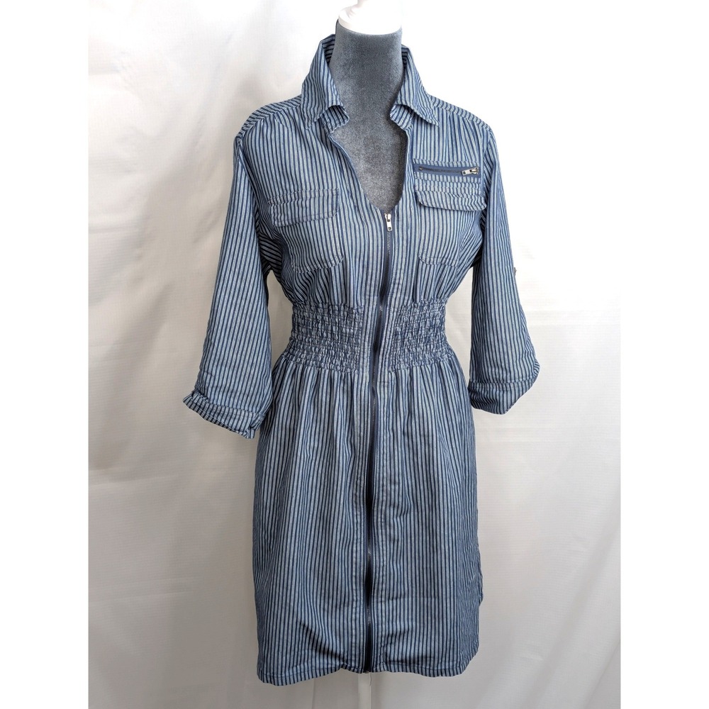 Angie Womens XL Blue Stripe Zip Front Shirt Dress Smocked Waist 3/4 Sleeve